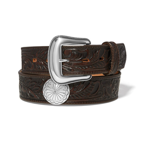 Brighton brown tooled leather belt with floral embossed pattern, silver-tone buckle, and round concho on a white background