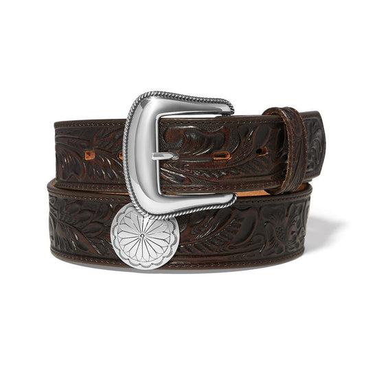 Brighton brown tooled leather belt with floral embossed pattern, silver-tone buckle, and round concho on a white background