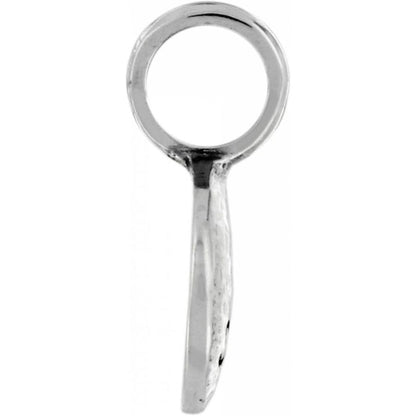 Brighton silver-plated charm shown from the side with large round loop and elongated body on a white background
