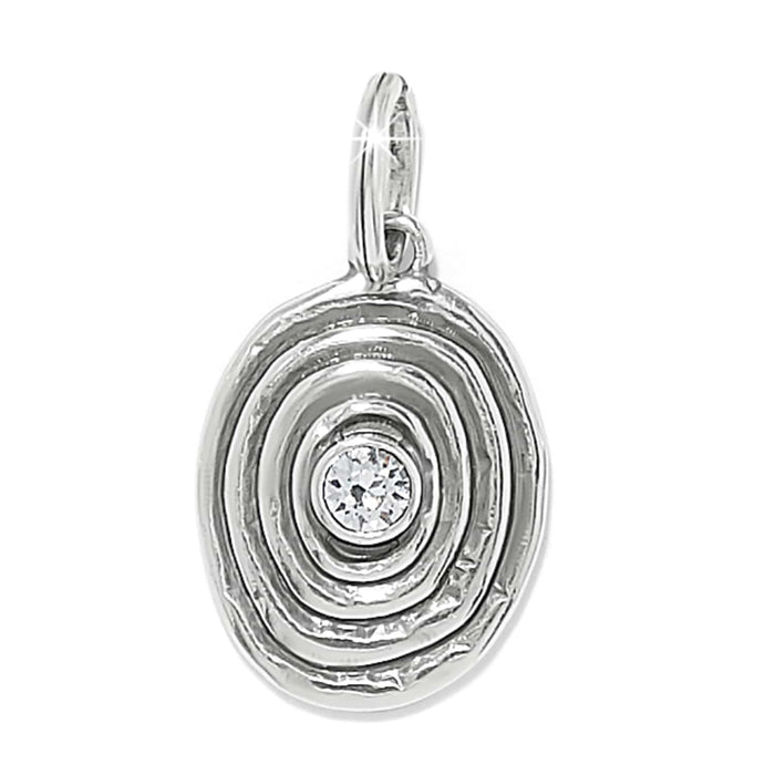 Brighton charm with silver-plated concentric oval rings and a center crystal accent on a white background