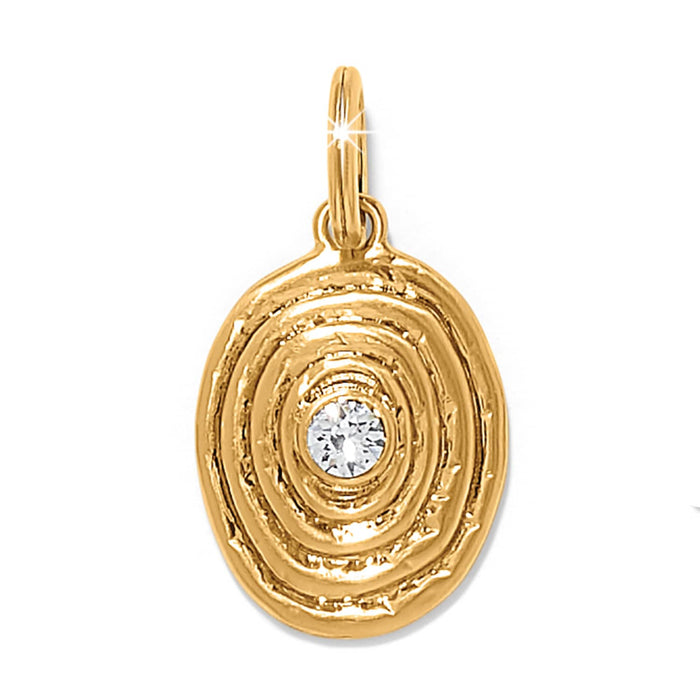 Brighton gold-plated oval pendant with concentric textured rings and a center crystal accent on a white background