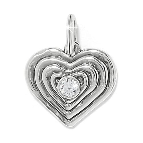 Brighton heart charm with silver-plated ridged layered design and central crystal accent on a white background