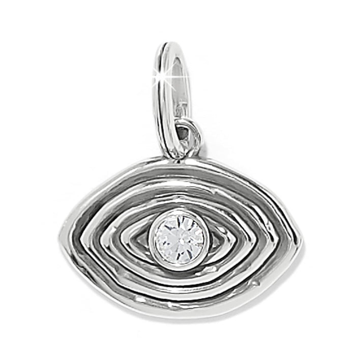 Brighton charm pendant with silver-plated evil eye design and central crystal accent on a white background
