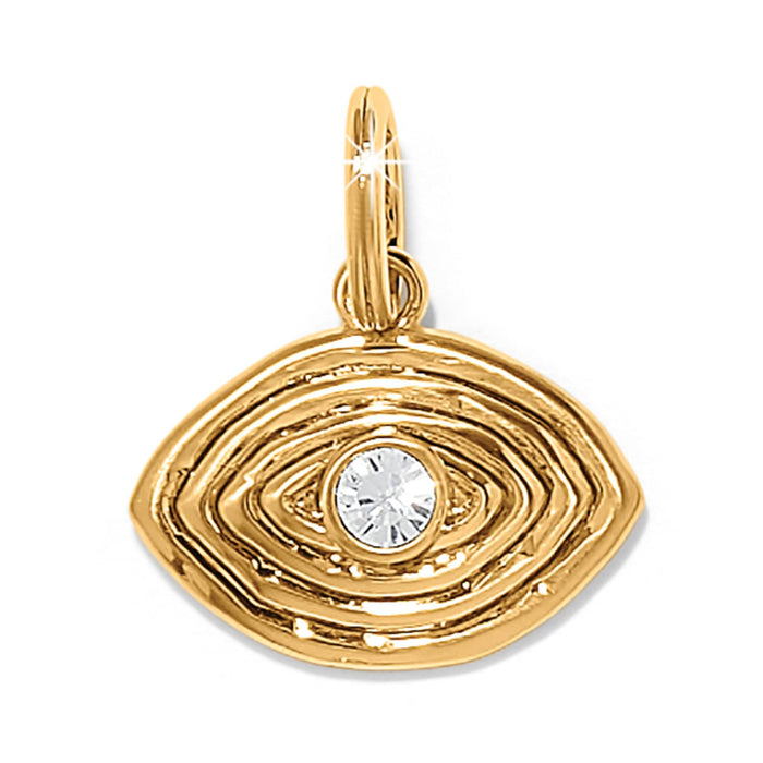 Brighton evil eye charm in gold-plated finish with textured swirl design and central crystal accent on a white background
