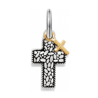 Brighton cross charm with textured silver-tone pebble design and small gold-tone cross accent on a white background