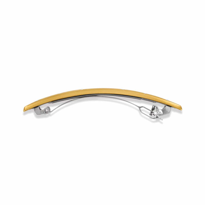 Brighton hair barrette with curved gold-tone bar, silver-tone clasp mechanism, and small crystal accents on a white background