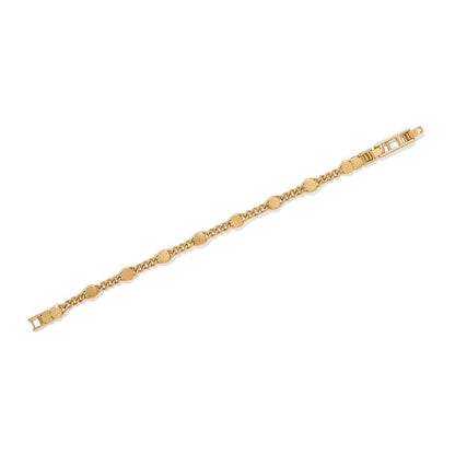 Brighton gold-plated bracelet with curb chain links and oval medallion stations with crystal accent on a white background