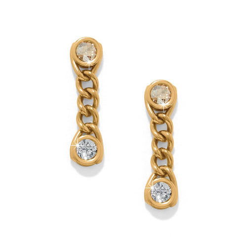 Brighton drop earrings with gold-plated curb chain and two round crystal accents on a white background