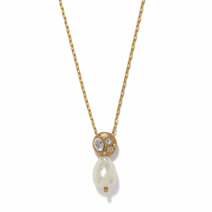 Brighton pendant necklace with gold-plated crystal cluster and baroque pearl drop on a white background