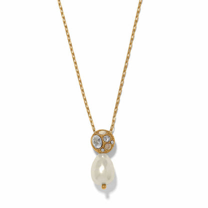Brighton pendant necklace with gold-plated crystal cluster and baroque pearl drop on a white background