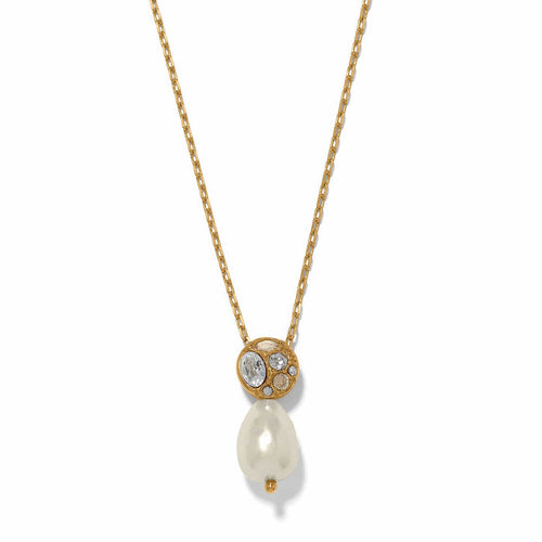 Brighton pendant necklace with gold-plated crystal cluster and baroque pearl drop on a white background