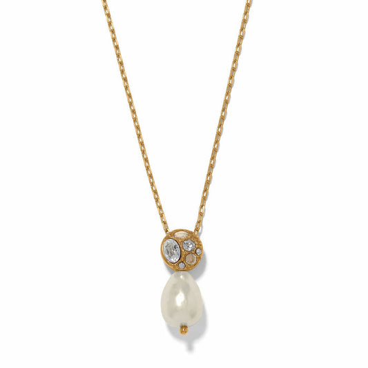 Brighton pendant necklace with gold-plated crystal cluster and baroque pearl drop on a white background