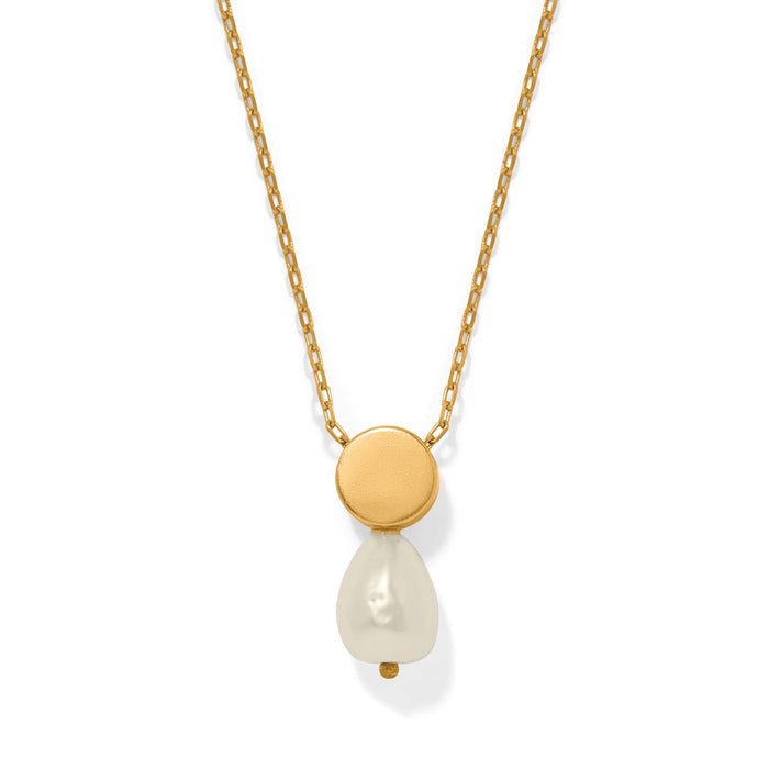 Brighton pendant necklace with gold-plated circular disc and baroque pearl drop on delicate chain on a white background