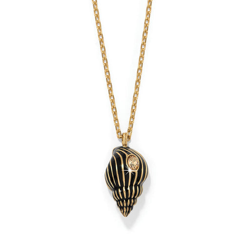 Brighton pendant necklace with black and gold-plated seashell charm featuring a crystal accent on a white background