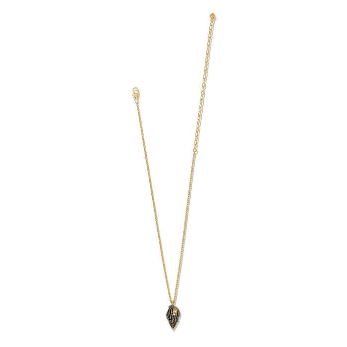 Brighton pendant necklace with gold-plated chain and black striped shell charm with crystal accent on a white background
