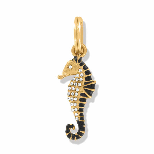 Brighton seahorse charm in gold-plated finish with black enamel accents and crystal embellishments on a white background