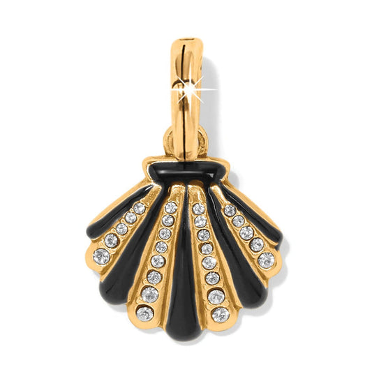 Brighton shell charm in gold-plated finish with black enamel and crystal accents on a white background