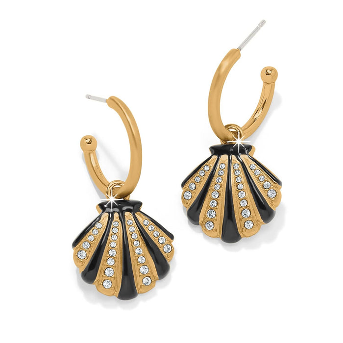 Brighton hoop earrings with gold-plated shell drops featuring black enamel and crystal accents on a white background
