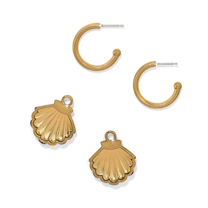 Brighton gold-plated hoop earrings with interchangeable scallop shell charms on a white background