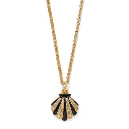 Brighton pendant necklace with gold-tone chain and black enamel seashell pendant accented with crystals on a white background