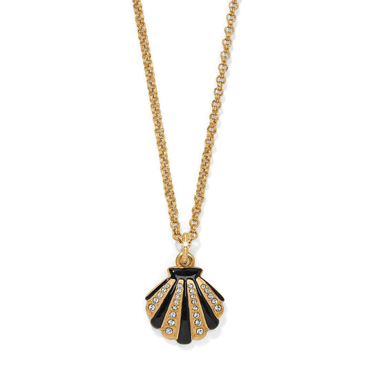 Brighton pendant necklace with gold-tone chain and black enamel seashell pendant accented with crystals on a white background