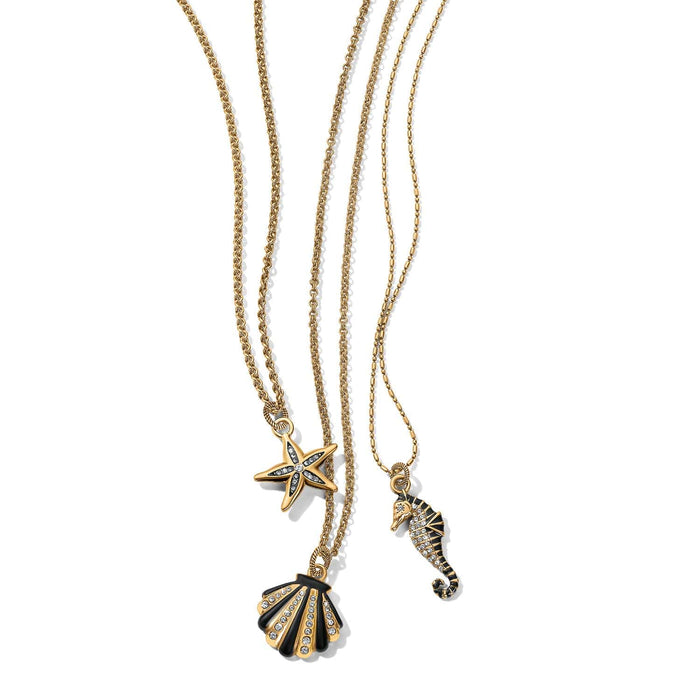 Brighton charm necklaces with gold-tone chains, crystal starfish, enamel seashell, and seahorse pendants on a white background