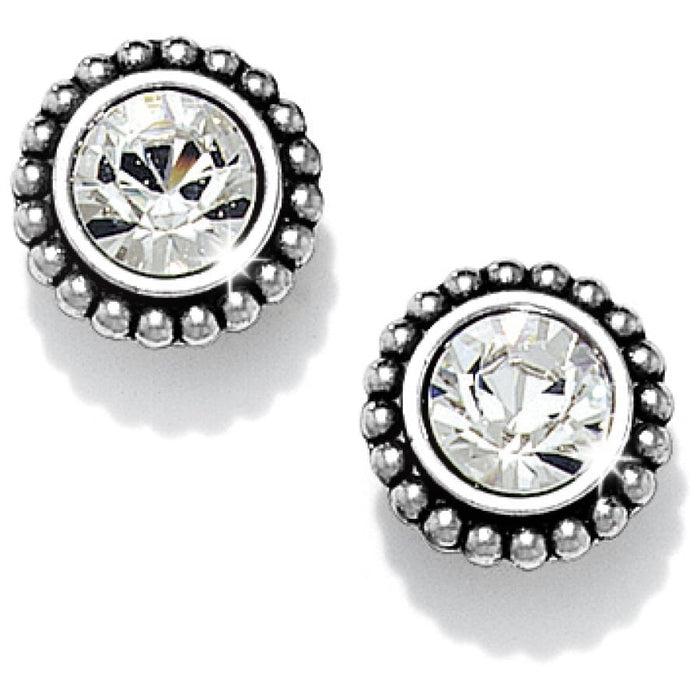 Brighton stud earrings with round crystals surrounded by beaded silver-plated borders on a white background