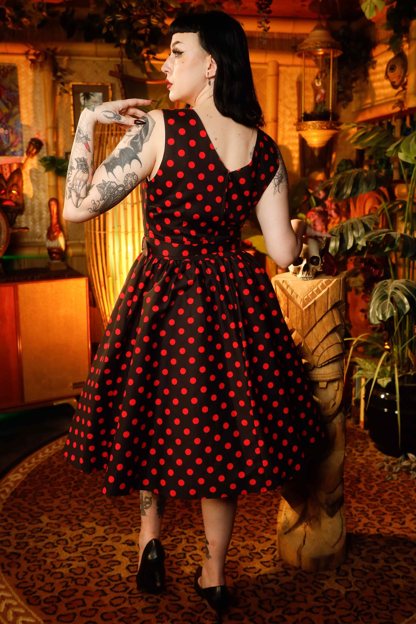 May V-neck 50s Style Spot Dress in Black-Red