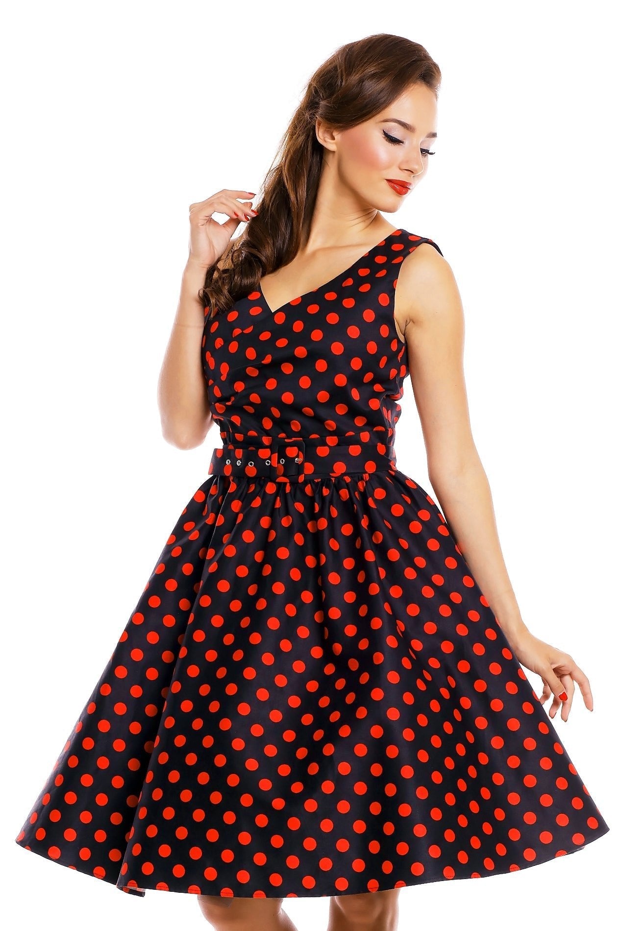 May V-neck 50s Style Spot Dress in Black-Red
