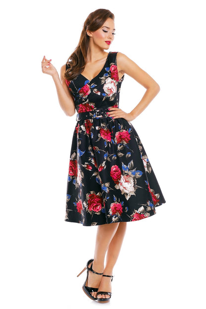 May V-neck 50s Style Swing Dress in Black-Red Floral