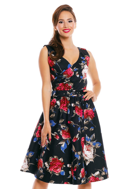 May V-neck 50s Style Swing Dress in Black-Red Floral