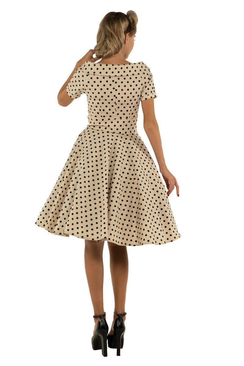Darlene Retro Polka Dot Swing Dress in Beige