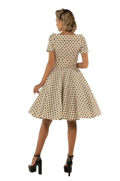 Darlene Retro Polka Dot Swing Dress in Beige