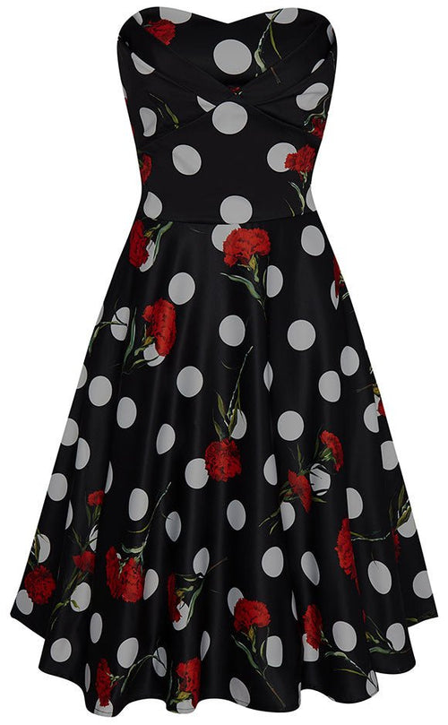 Melissa Retro Rockabilly Dress in Black with Red Flowers & White Polka