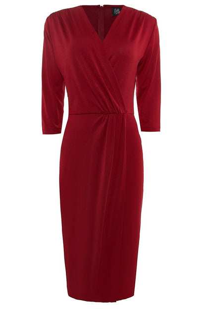 Harper 50s Inspired Wrap Over Dress in Burgundy