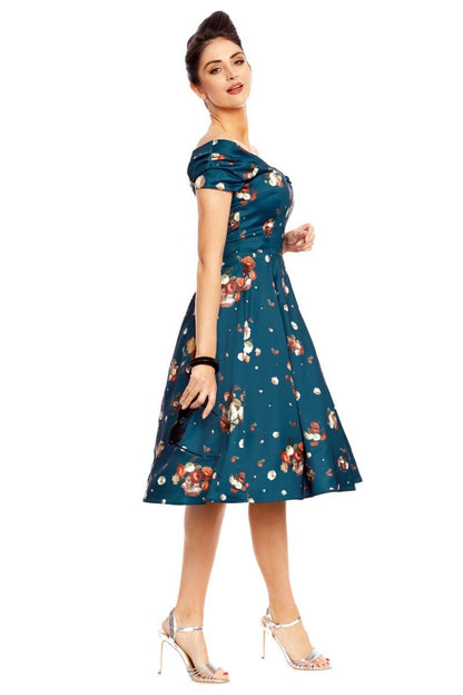 Lily Off-Shoulder 50's Dress in Blue Floral Roses Print