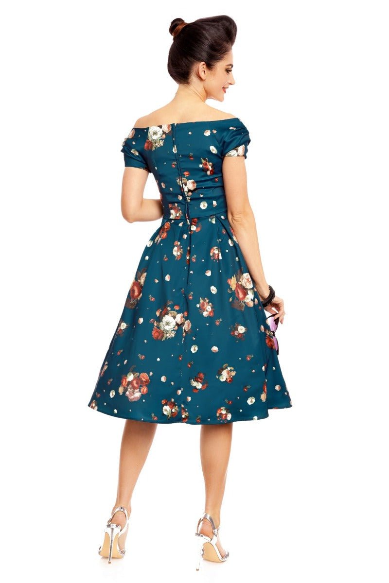 Lily Off-Shoulder 50's Dress in Blue Floral Roses Print
