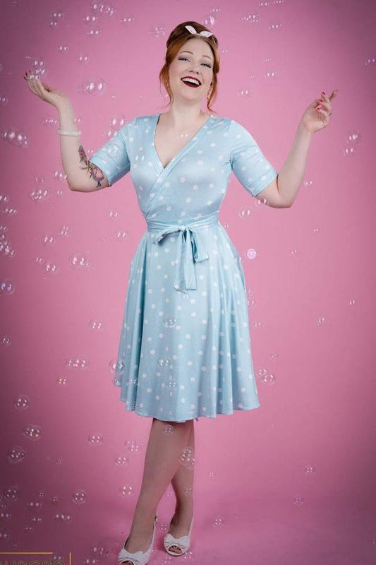 Matilda Retro Wrap Dress in Pale Blue-White Polka dots