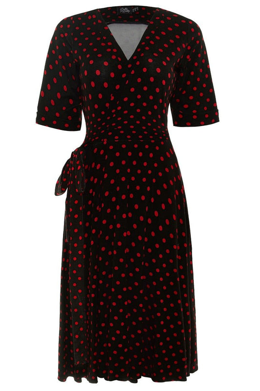 Matilda Retro Wrap Dress in Black-Red Polka dot
