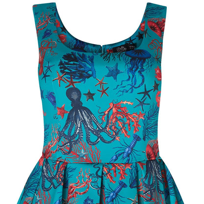 Amanda Aquarium Sea Life Print Flared Dress in Blue/Red