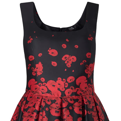 Amanda 50s Style Satin Dress Black with Raising Red Poppy Flower Print