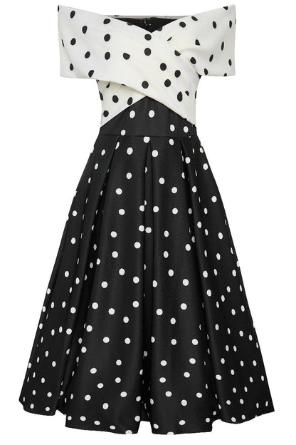 Beverly Cross-Over-Off the Shoulder Swing Dress Black-White Polka Dots