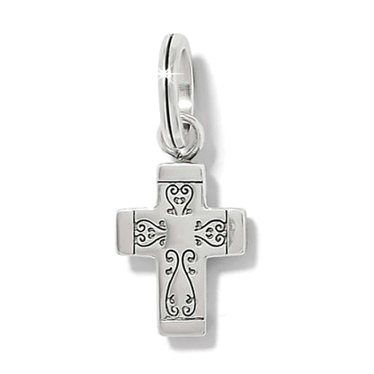 Brighton cross charm with engraved scroll detail and silver-tone finish with split ring on a white background