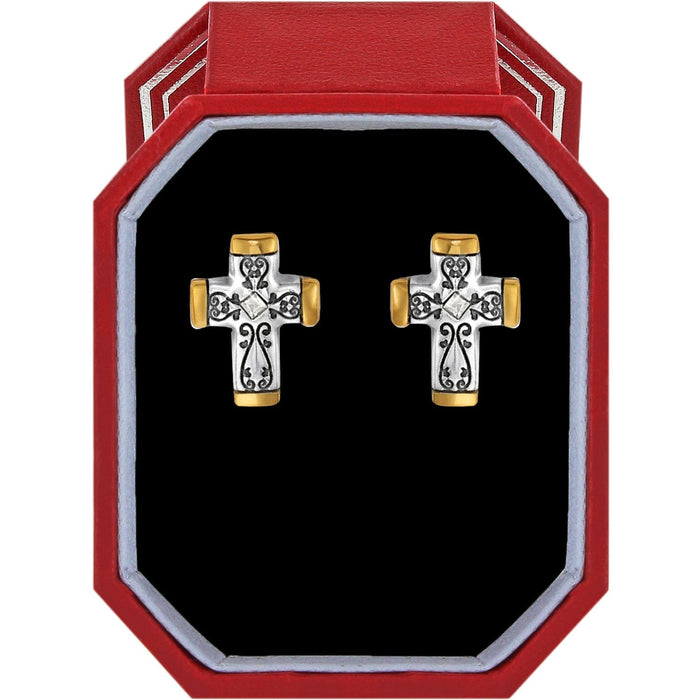 Brighton cross stud earrings with two-tone silver and gold finish and scroll detailing in red gift box