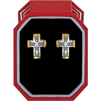 Brighton cross stud earrings with two-tone silver and gold finish and scroll detailing in red gift box