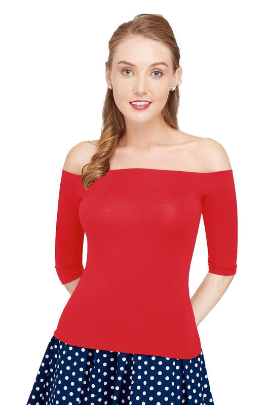 Gloria Off Shoulder Retro Plain Top in Burgundy Red