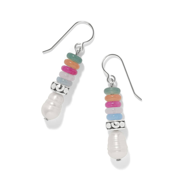 Brighton drop earrings with stacked multicolored beads, silver-plated accents, and white pearl drops on a white background