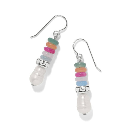 Brighton drop earrings with stacked multicolored beads, silver-plated accents, and white pearl drops on a white background