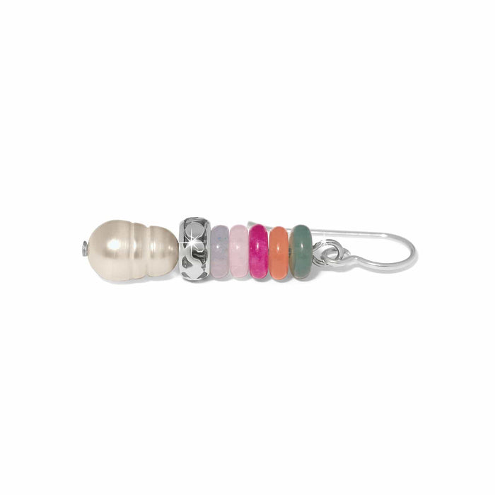 Brighton drop earring with pearl, silver-plated accent, and multicolored beads in pink, magenta, orange, green on a white background