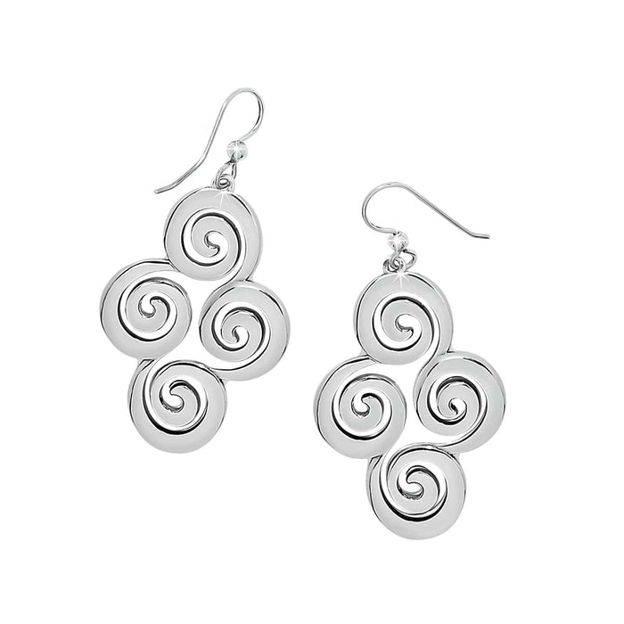 Brighton drop earrings with silver-plated swirl spiral motifs and french hook wires on a white background